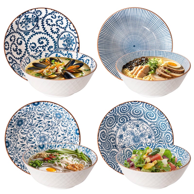 YALONG Ramen Bowls Set of 4, 40 Oz Pho Bowls â€“ 8 Inch Ceramic Large Soup Bowls for Noodles and Udon, Blue and White Japanese Style, Microwave & Dishwasher Safe - Image 1
